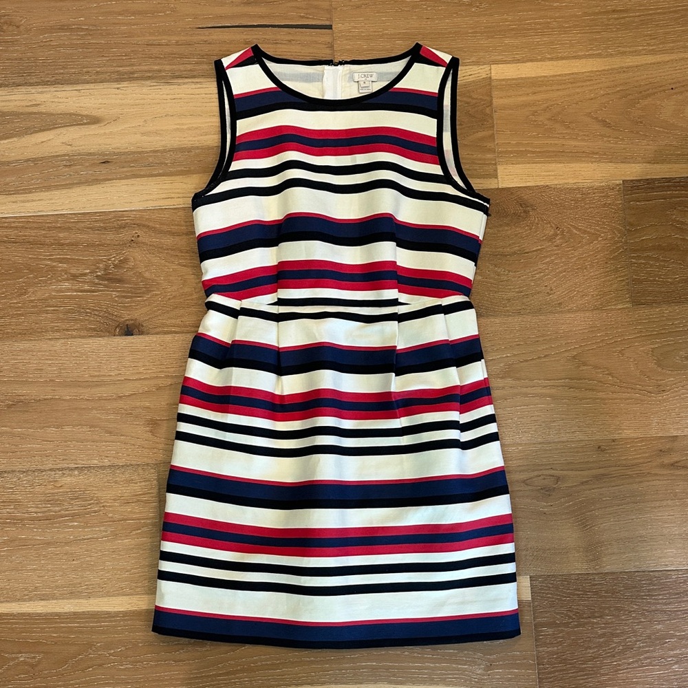 J. Crew Ivory Dress with Navy & Red Stripes